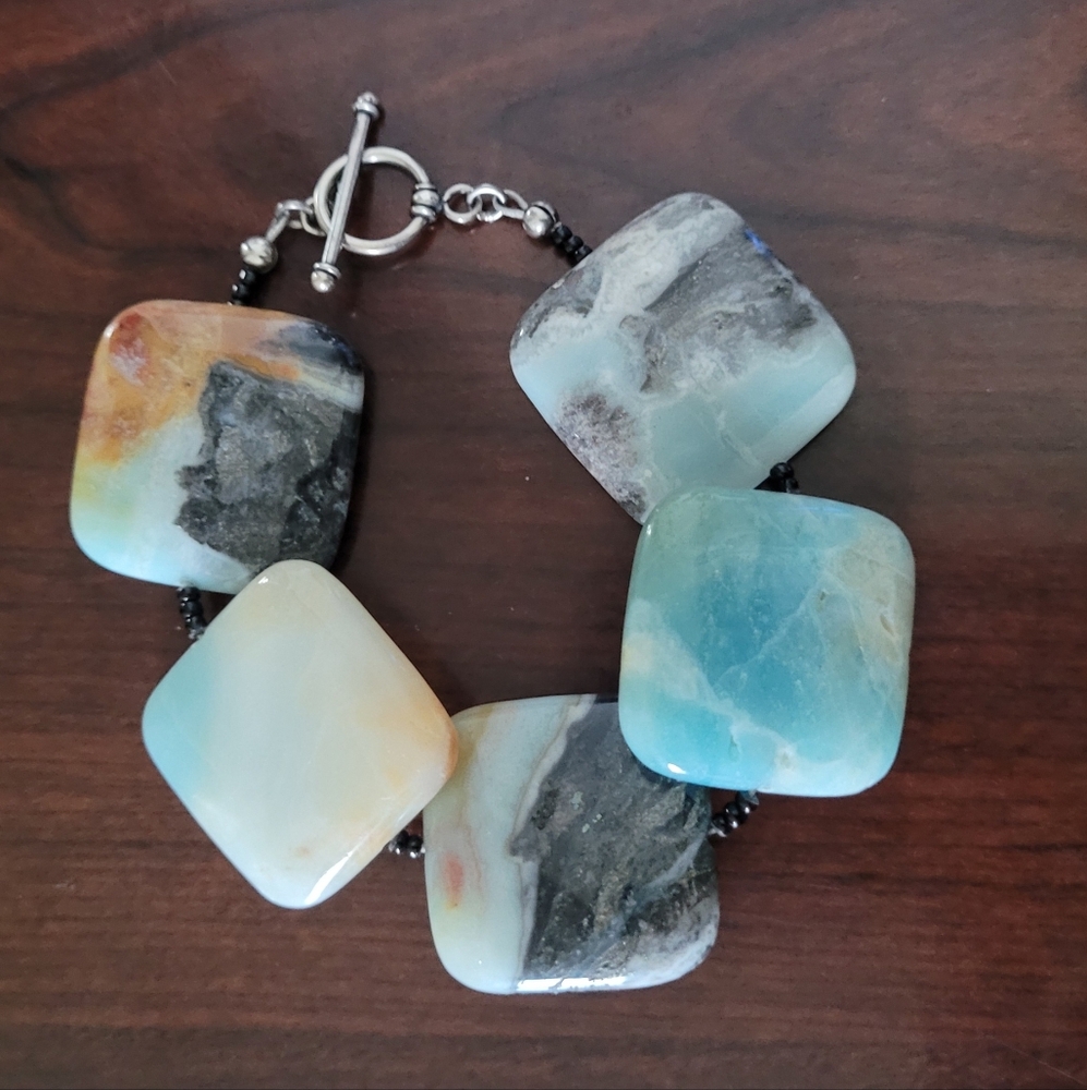Square Amazonite Stone Silver Toggle Bracelet